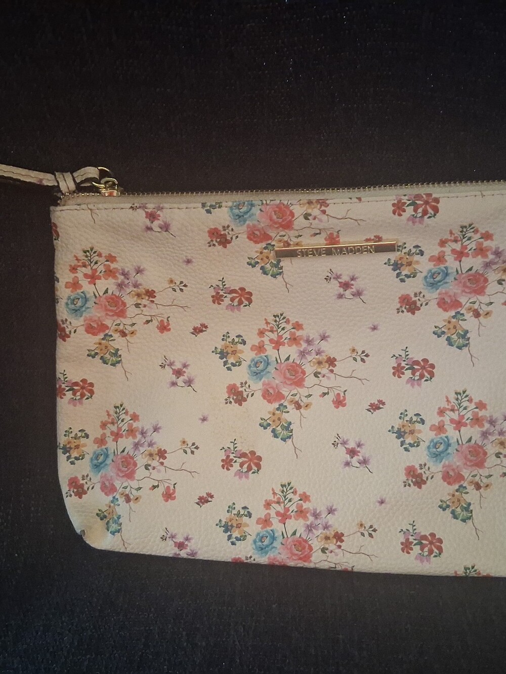 Steve Madden Cream Floral Zip Wristlet with Gold Accent
